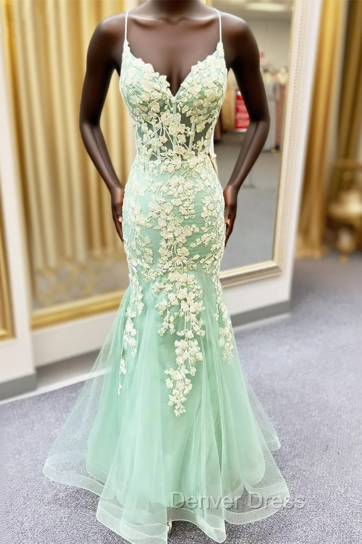 Sage Green Spaghetti Straps Mermaid Prom Dresses With Appliques