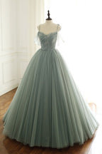 Sage Green Tulle Long Ball Gowns With Spaghetti Straps, Sage Green Sweet 16 Dresses Prom Gowns