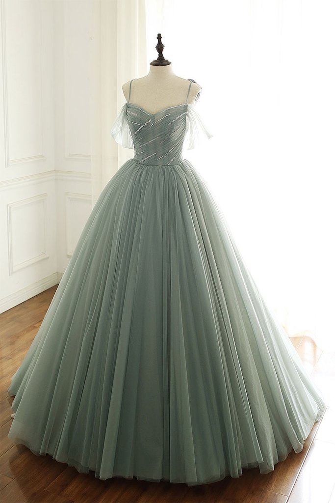 Sage Green Tulle Long Ball Gowns With Spaghetti Straps, Sage Green Sweet 16 Dresses Prom Gowns