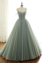 Sage Green Tulle Long Ball Gowns With Spaghetti Straps, Sage Green Sweet 16 Dresses Prom Gowns