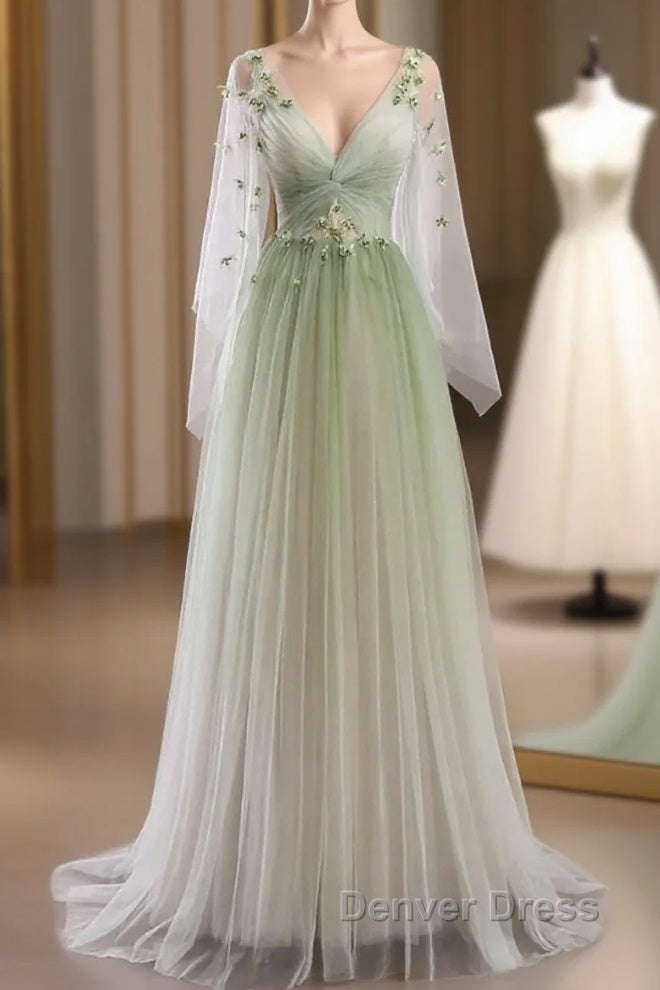 Sage Green Tulle Long Sleeve 3D Flower Prom Dresses Main image