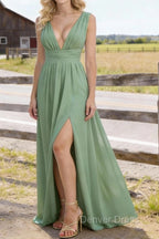 Sage Green V Neck Chiffon Floor Length Bridesmaid Dress Long Bridesmaid Dresses With Pleated Split