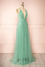 Sage Green V Neck Tulle Long Prom Dress, Simple Backless Prom Dresses