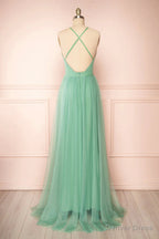 Sage Green V Neck Tulle Long Prom Dress, Simple Backless Prom Dresses