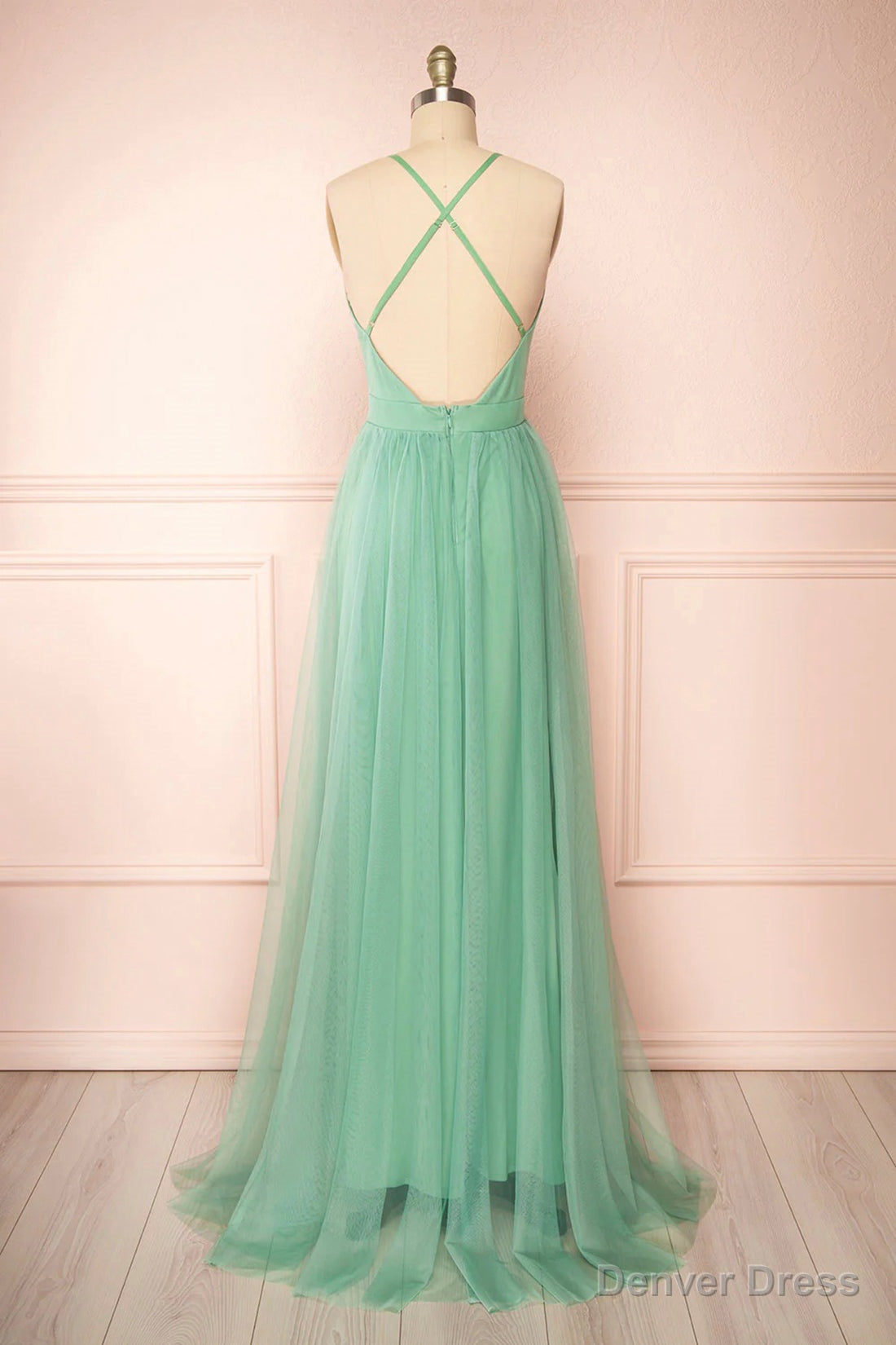 Sage Green V Neck Tulle Long Prom Dress, Simple Backless Prom Dresses
