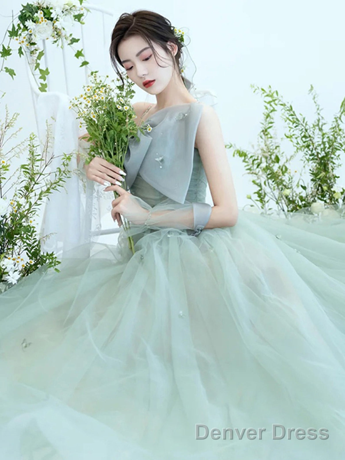 Sage Tulle Long Prom Dress, Sage Tulle Long Prom Homecoming Dresses