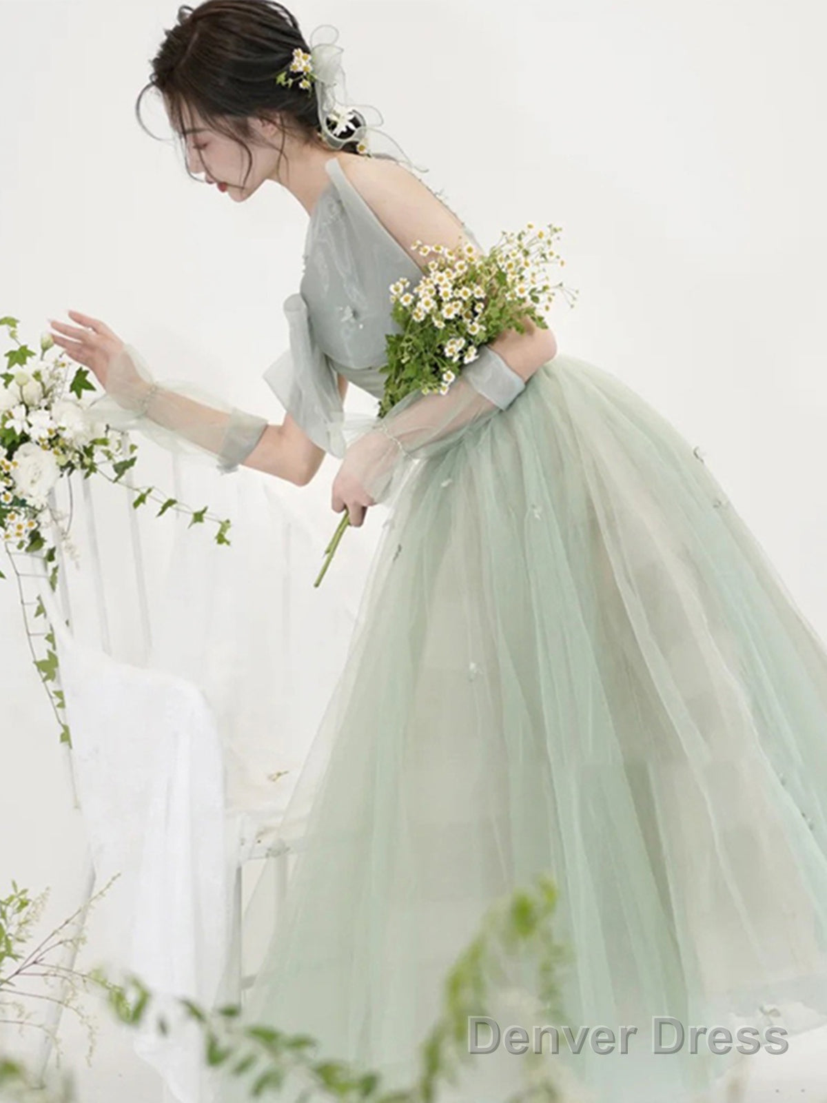 Sage Tulle Long Prom Dress, Sage Tulle Long Prom Homecoming Dresses