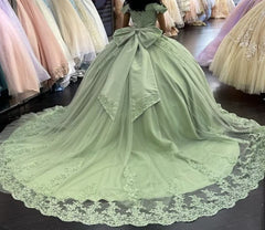 Lace Sage Green Quinceanera Dresses Applique Off Shoulder Sweet 16 Dress