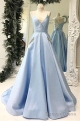 Satin A Line Beading Spaghetti Straps Sky Blue Pockets Prom Dress