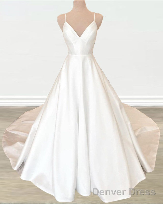 Satin A Line Wedding Dresses V Neck