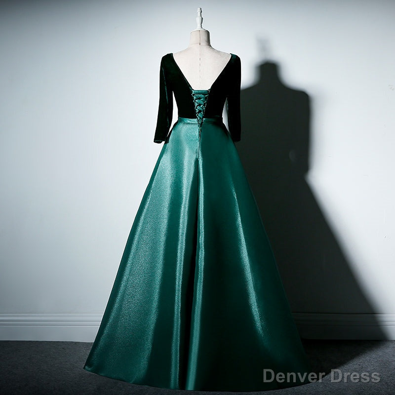 Satin and Velvet Short Sleeves Prom Dress, A-line Green Party Dress Main image
