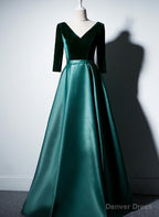 Satin and Velvet Short Sleeves Prom Dress, A Line Green Prom Dresses