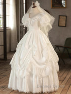 Satin Ball Gowns Puffy Sleeves White V-Neck Wedding Dresses