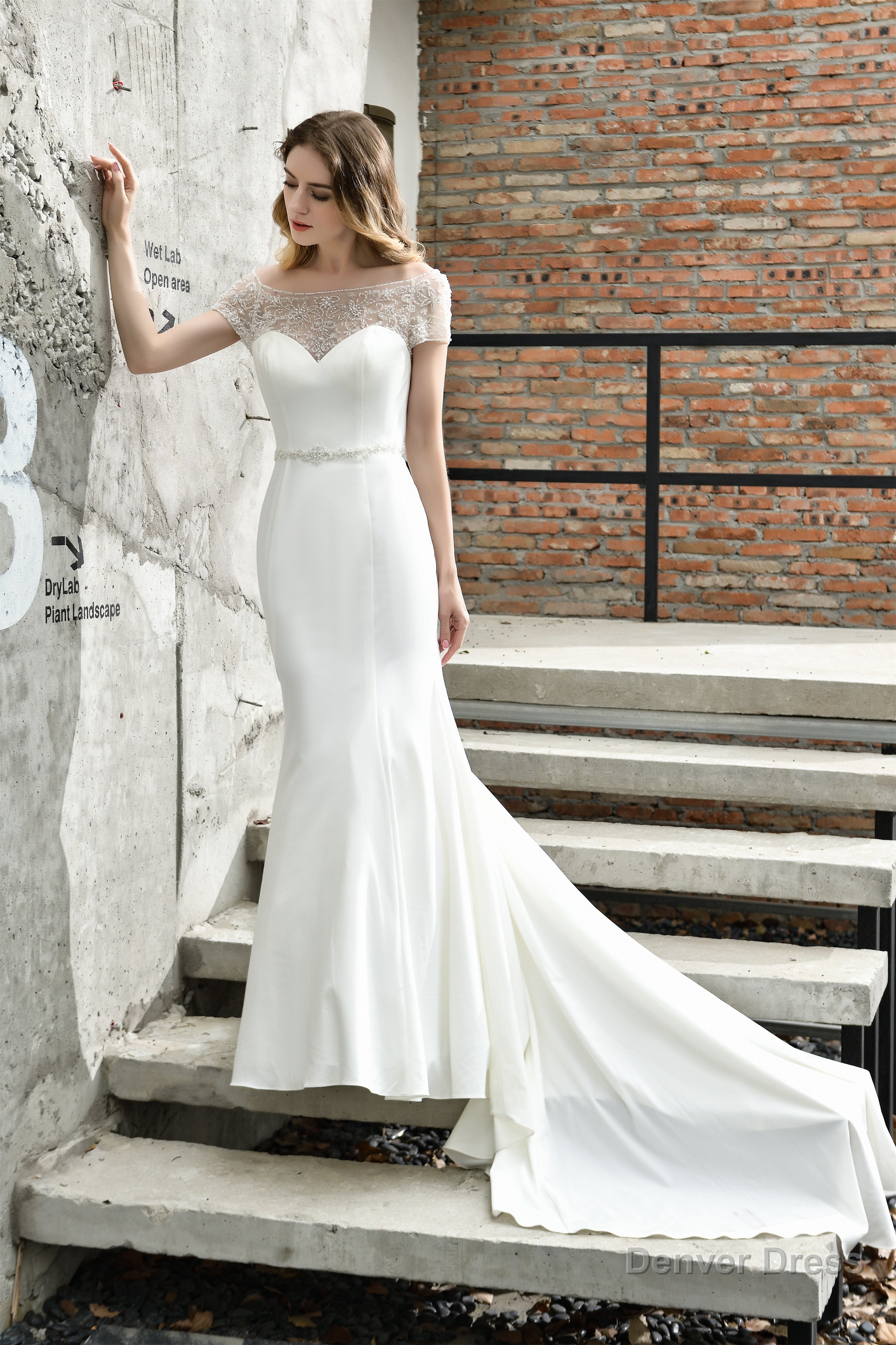 Satin Beaded Boat Neck Cap Sleeve Mermaid Wedding Dresses Main image