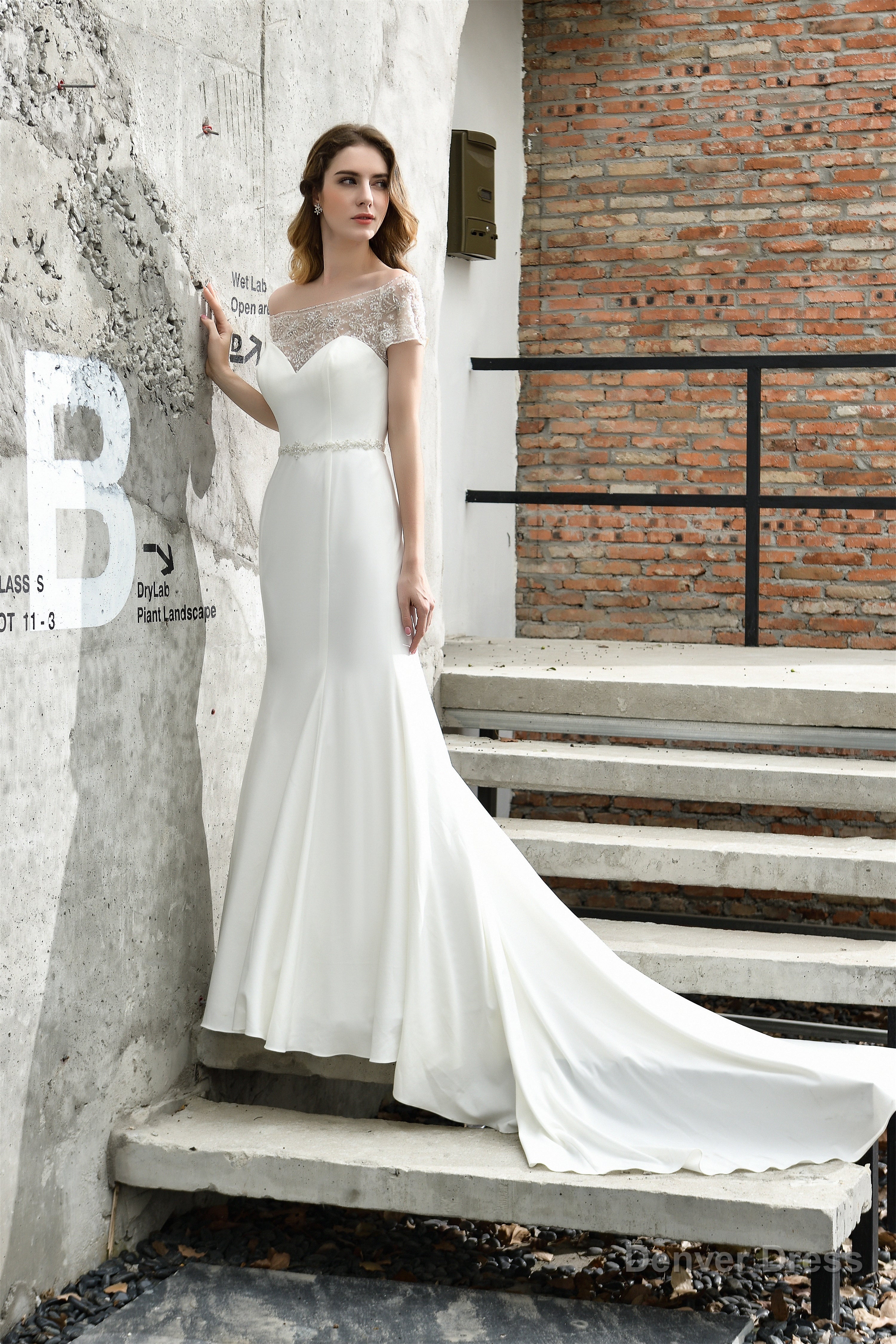 Satin Beaded Boat Neck Cap Sleeve Mermaid Wedding Dresses Secondary image