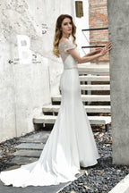 Satin Beaded Boat Neck Cap Sleeve Mermaid Wedding Dresses