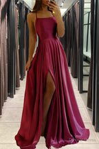 Satin Burgundy Prom Dress Beach Maxi Women Dress, Straps Prom Cheap Bridesmaid Dresses