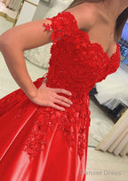 Satin Court Train A-Line/Princess Sleeveless Off-The-Shoulder Prom Dresses With Appliqued
