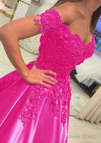 Satin Court Train A Line Sleeveless Off The Shoulder Prom Dresses With Appliqued