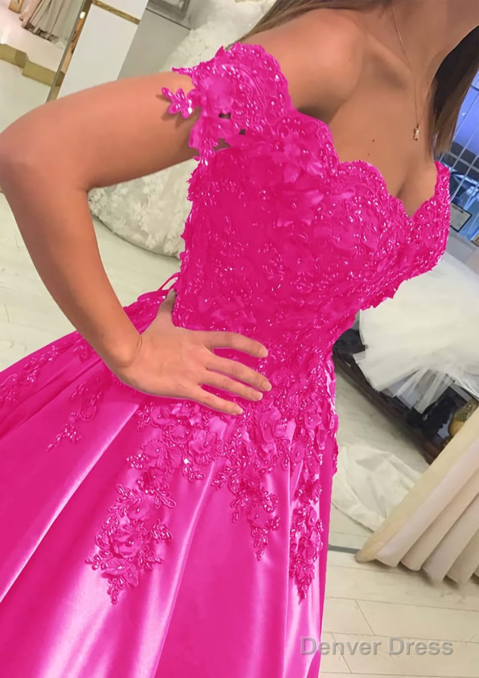 Satin Court Train A Line Sleeveless Off The Shoulder Prom Dresses With Appliqued