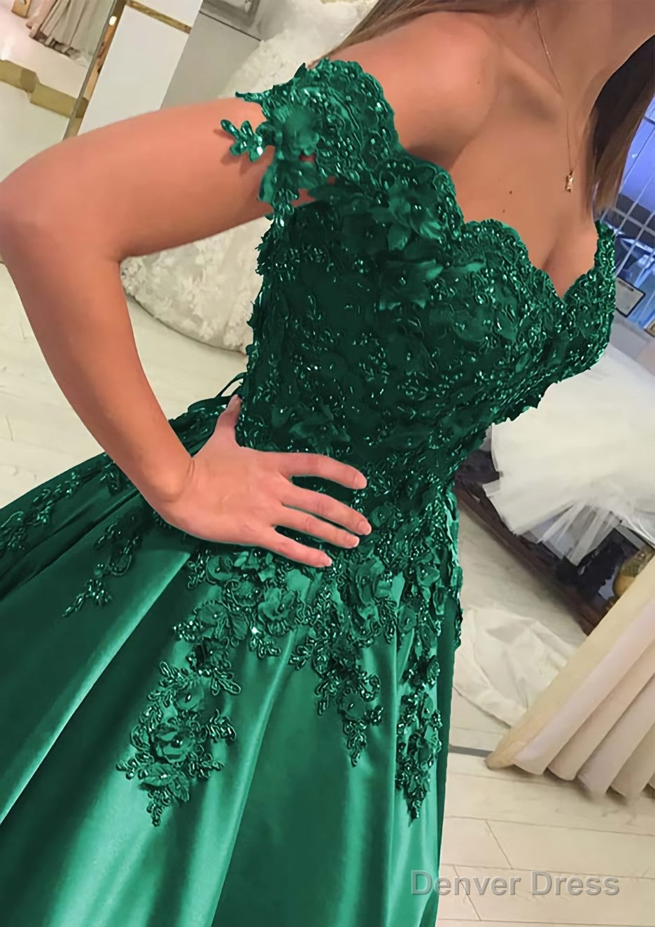 Satin Court Train A Line Sleeveless Off The Shoulder Prom Dresses With Appliqued