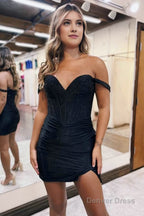 Satin Fitted Off Shoulder Ruched Beaded Homecoming Dresses