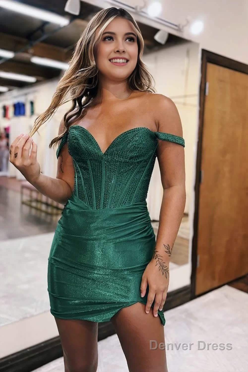 Satin Fitted Off Shoulder Ruched Beaded Homecoming Dresses