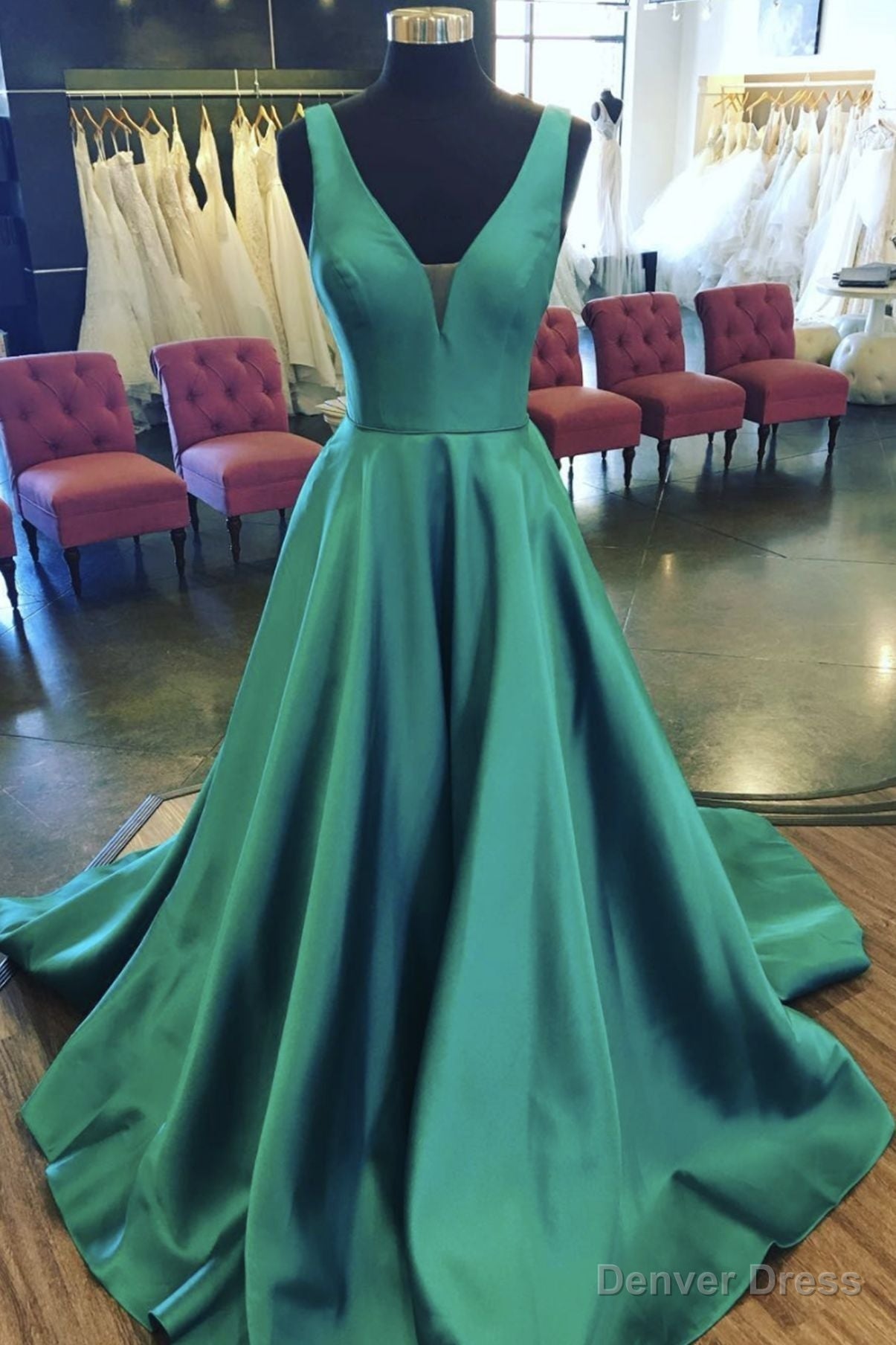 Satin Green Prom Dress,Long Evening Dress,Birthday Party Gown Long, V Neck Back to School Main image