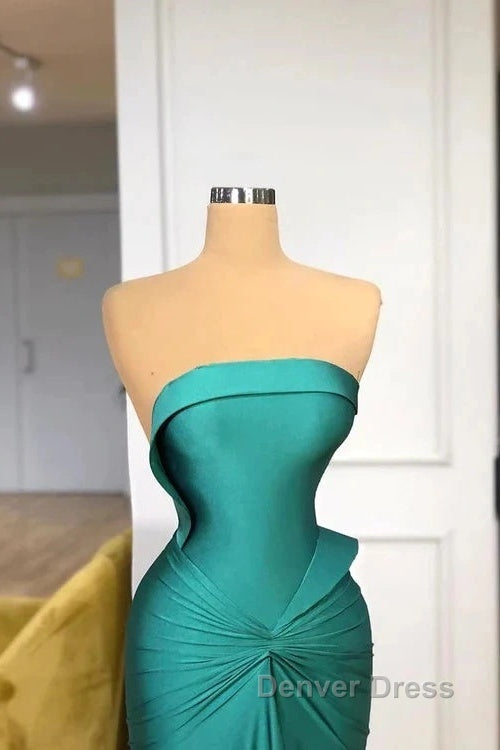 Satin Green Trumpet Mermaid Strapless Ruched Prom Dresses