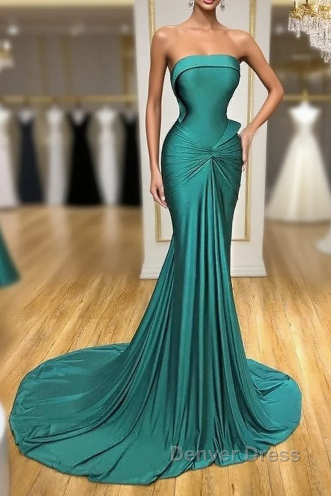 Satin Green Trumpet Mermaid Strapless Ruched Prom Dresses