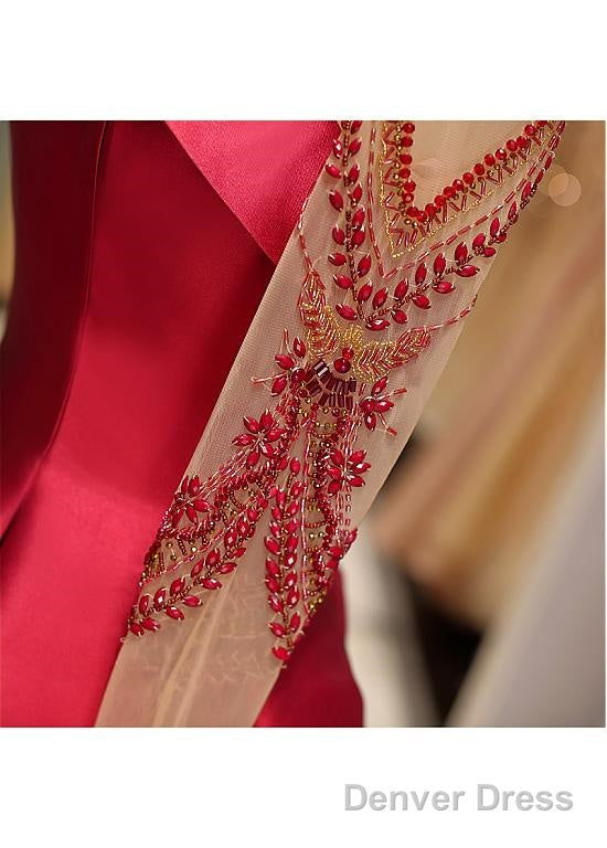 Satin High Collar Long Sleeve Beading Prom Evening Dress