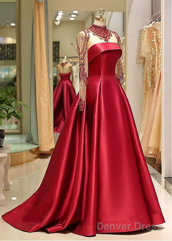 Satin High Collar Long Sleeve Beading Prom Evening Dress