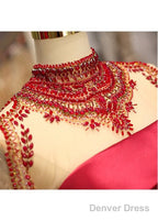 Satin High Collar Long Sleeve Beading Prom Evening Dress