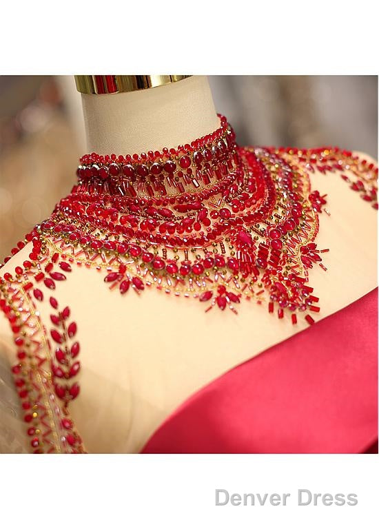 Satin High Collar Long Sleeve Beading Prom Evening Dress