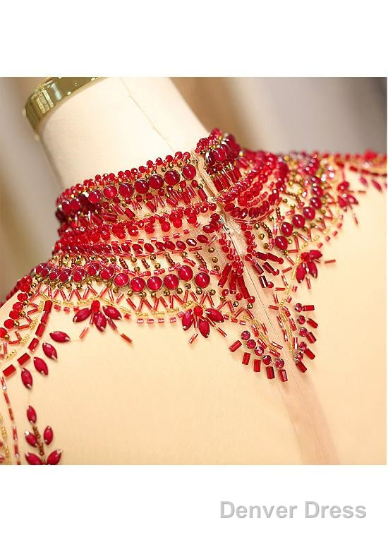 Satin High Collar Long Sleeve Beading Prom Evening Dress