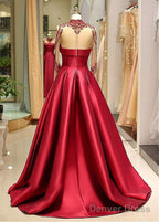 Satin High Collar Long Sleeve Beading Prom Evening Dress