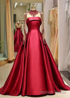 Satin High Collar Long Sleeve Beading Prom Evening Dress