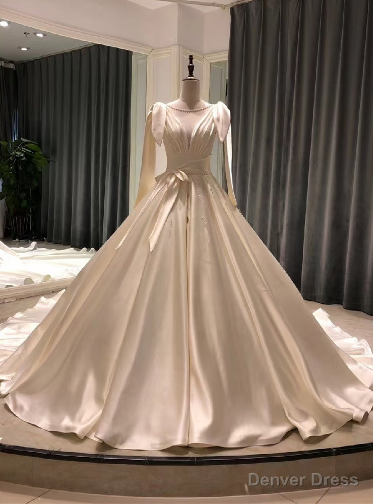 Satin Long Sleeve Pleats Pearls Wedding Dress Main image