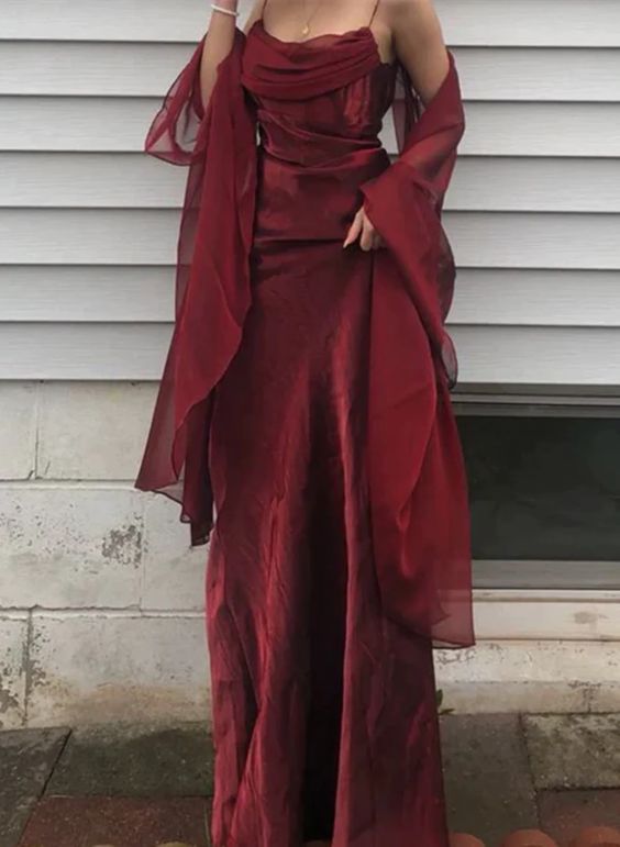 Long Spaghetti Straps Simple Burgundy Prom Dresses Birthday Outfits Main image