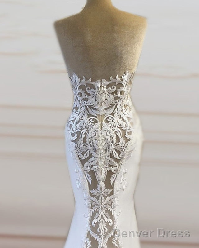 Satin Mermaid Wedding Dress Sweetheart Lace Train