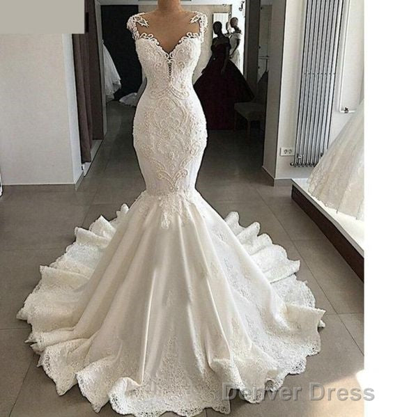 Satin Mermaid Wedding Dress With Sheer Back, Beading And Lace Prom Dresses Main image