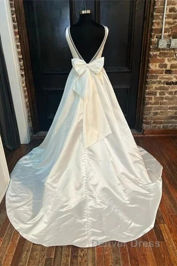 Satin Plunging Neck Bow Back A Line Long Wedding Dresses