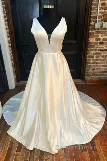 Satin Plunging Neck Bow Back A Line Long Wedding Dresses
