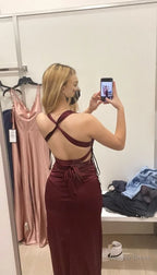 Satin Plunging V Neckline Long Prom Dress, Formal Dresses
