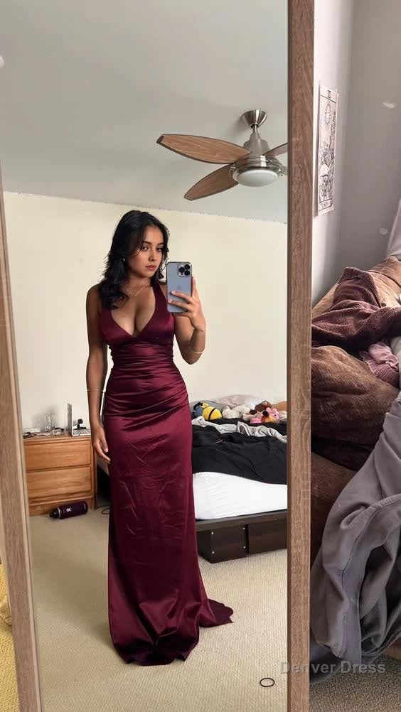 Satin Plunging V Neckline Long Prom Dress, Formal Dresses Main image