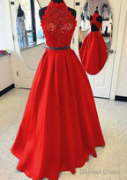 Satin Prom Dresses A Line High Neck Long Floor Length With Lace