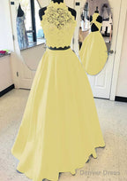 Satin Prom Dresses A Line High Neck Long Floor Length With Lace