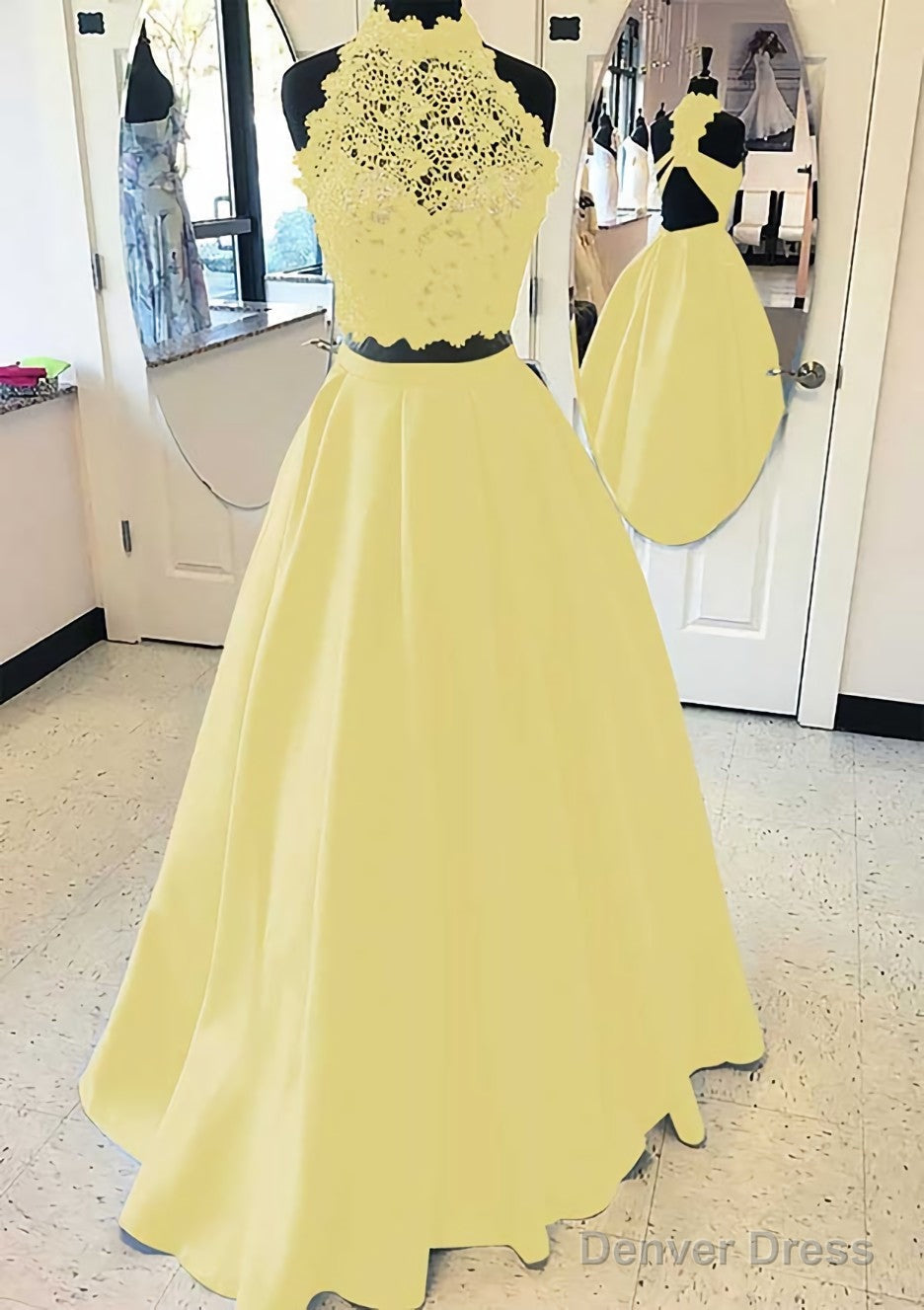 Satin Prom Dresses A Line High Neck Long Floor Length With Lace