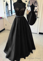 Satin Prom Dresses A-Line/Princess High-Neck Long/Floor-Length With Lace