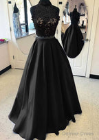 Satin Prom Dresses A Line High Neck Long Floor Length With Lace